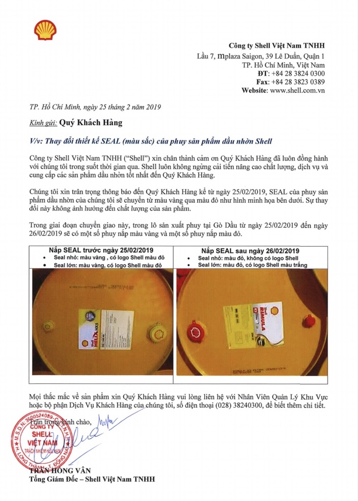 thông báo thay đổi nắp seal phuy nhớt shell